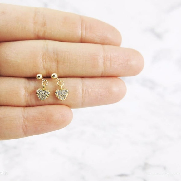 Dainty Cubic CZ Heart Earrings - Sterling Silver - Picture 4 of 7